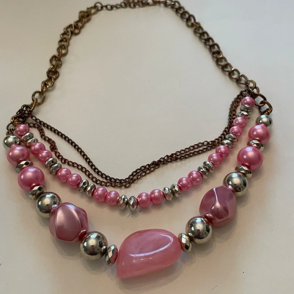 Pink and Silver Beaded Necklace